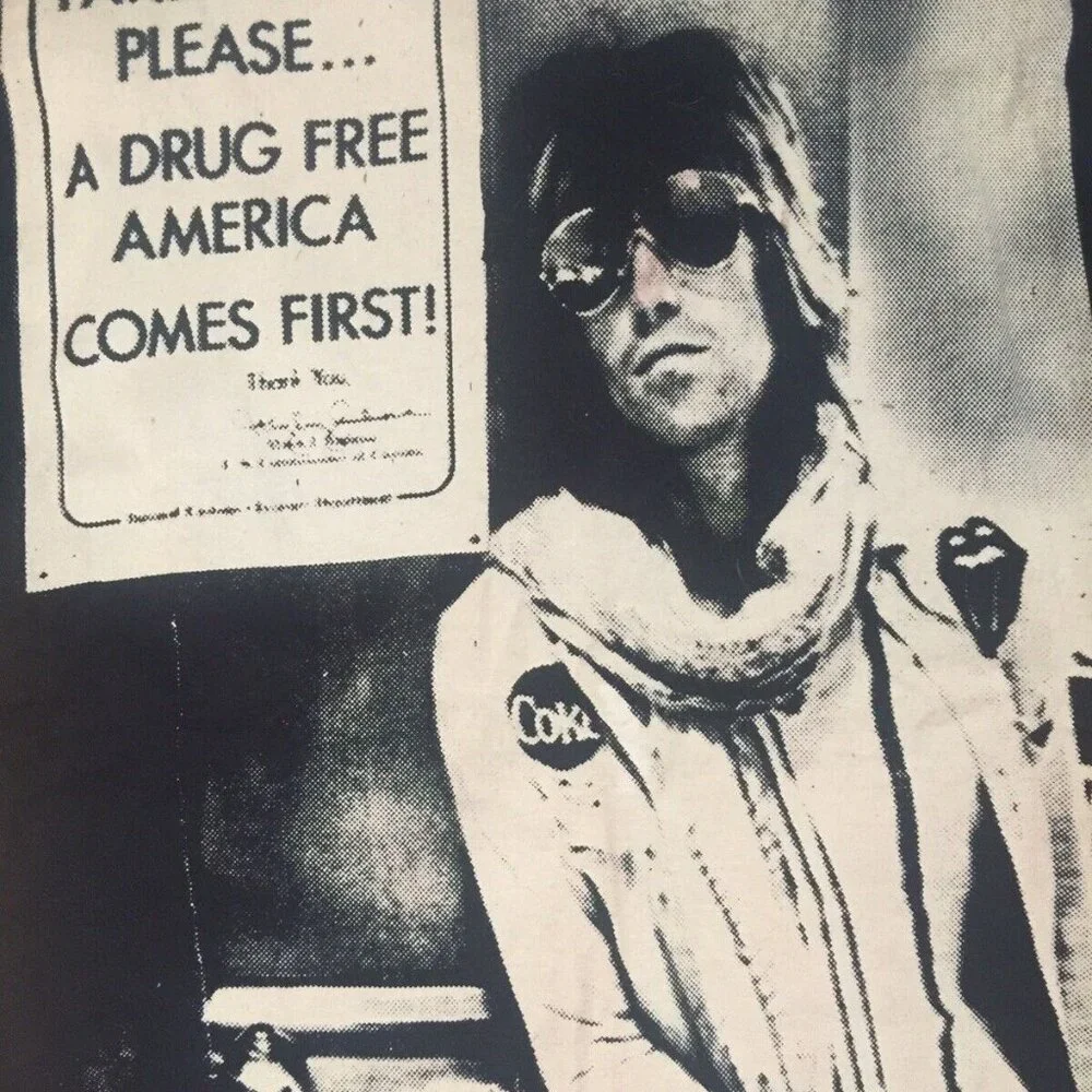 VINTAGE KEITH RICHARDS 70s ROLLING STONES TOUR PHOTO DRUG FREE AMERICA T SHIRT L